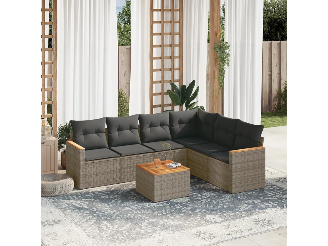 Conjunto de sofá de jardín de 7 piezas con cojines, mimbre gris, DKD Home Decor