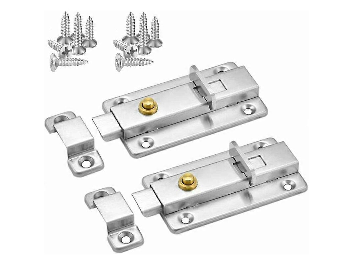 Pestillo Deslizante De Puerta, 4 Pulgadas, Acero Inoxidable Con Resorte Elástico Y Botón Automático (2 Paquetes Plata)