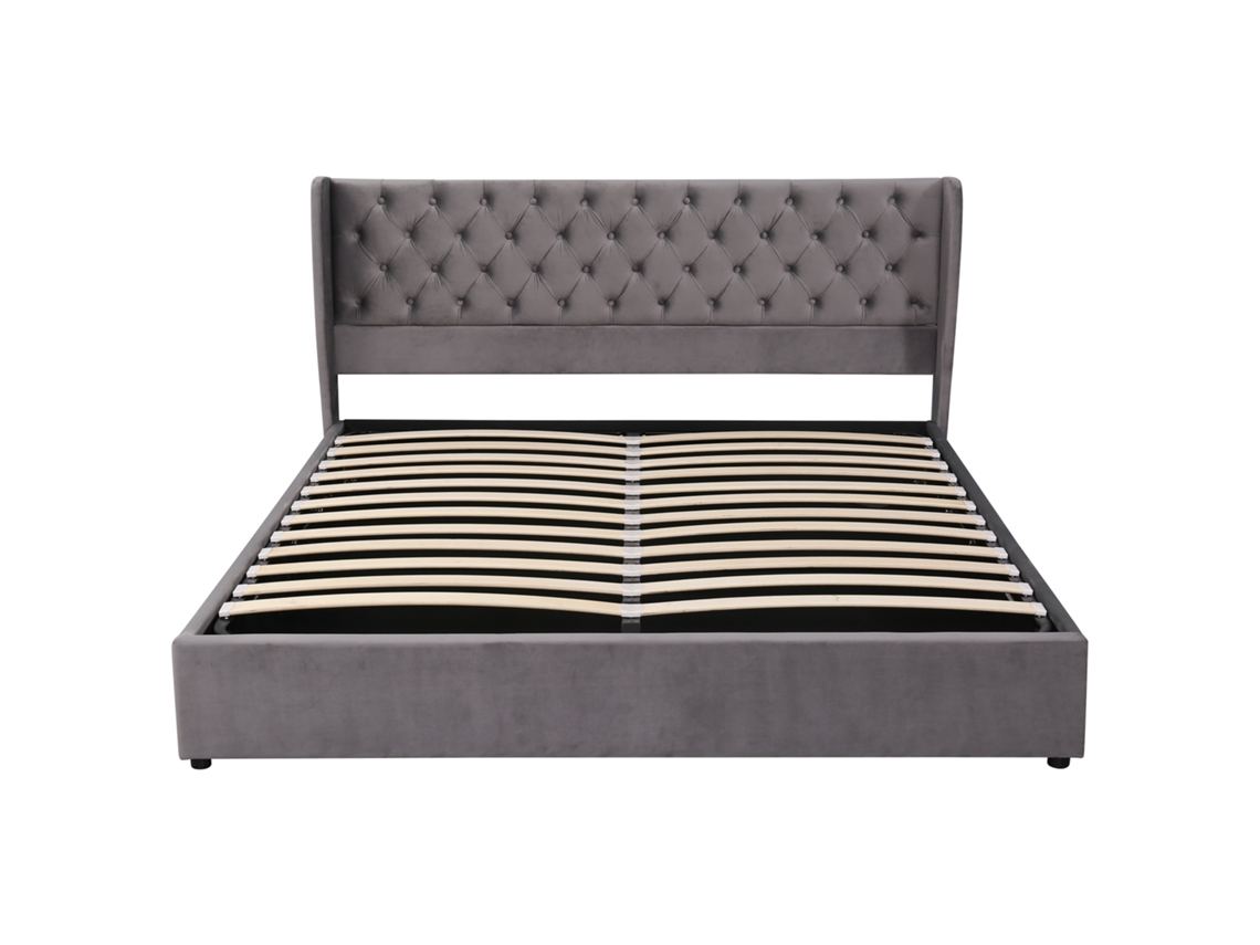 Cama contenedor tapizada en terciopelo de 160 x 200 cm con somier de láminas - Gris