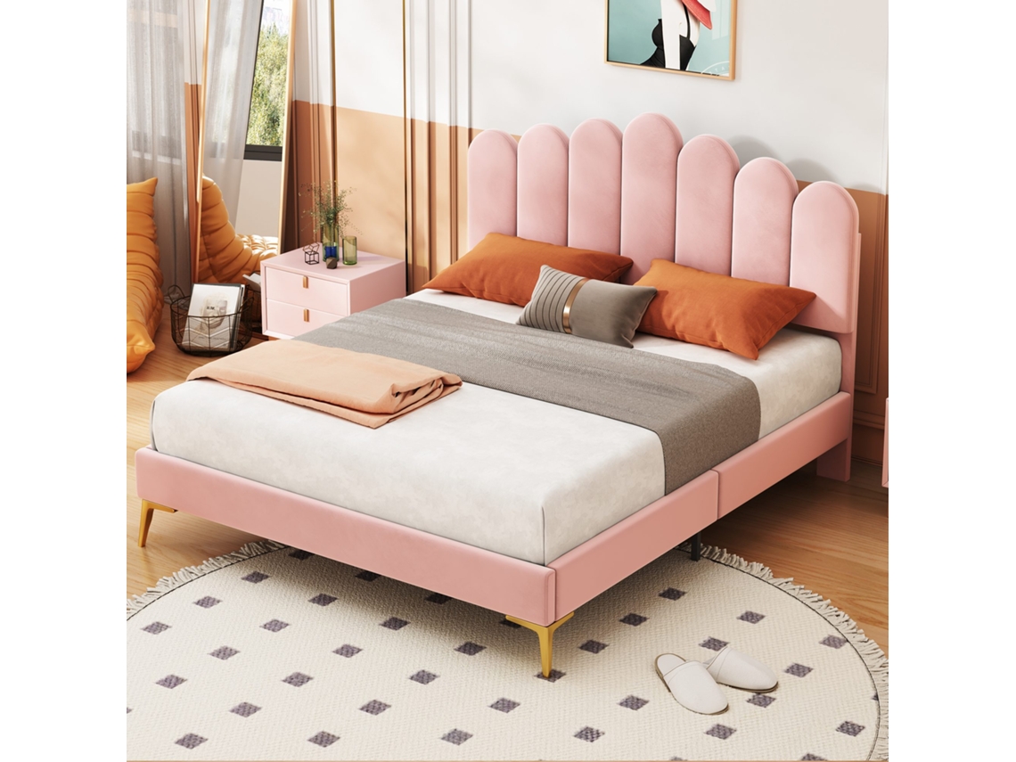 Cama Polster 140 X 200 Cm - Estructura De Cama Con Cabecero Y Somier - Terciopelo Rosa