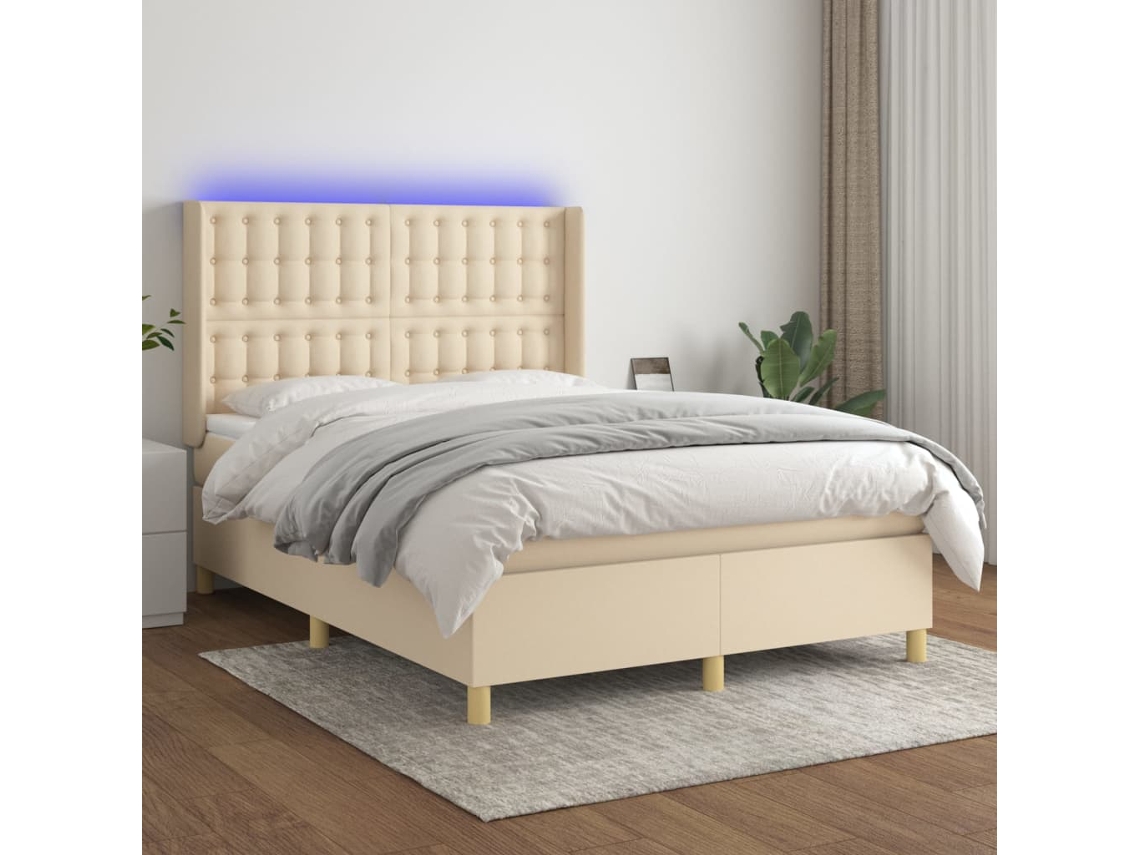 Cama Box Spring Colchón Y Luces Led Tela Crema 140x190 Cm
