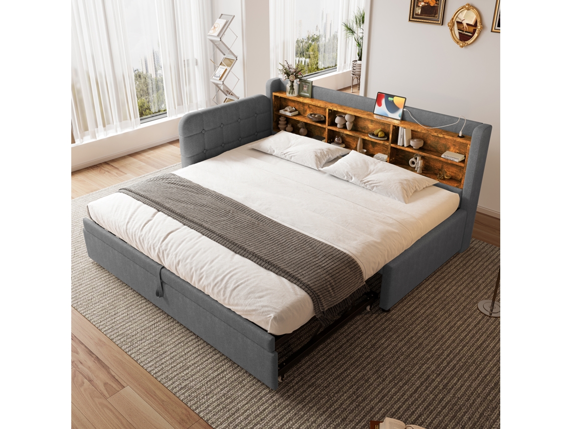 Sofá Cama Gris De 90/180x200 Cm, Led, Usb-c, Estantes, Retráctil.