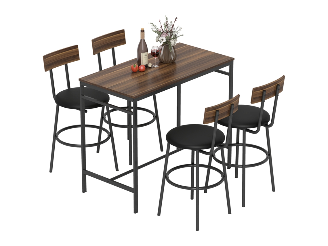Juego de mesa de bar de 5 piezas con 4 sillas de estilo industrial, madera y acero, color marrón.