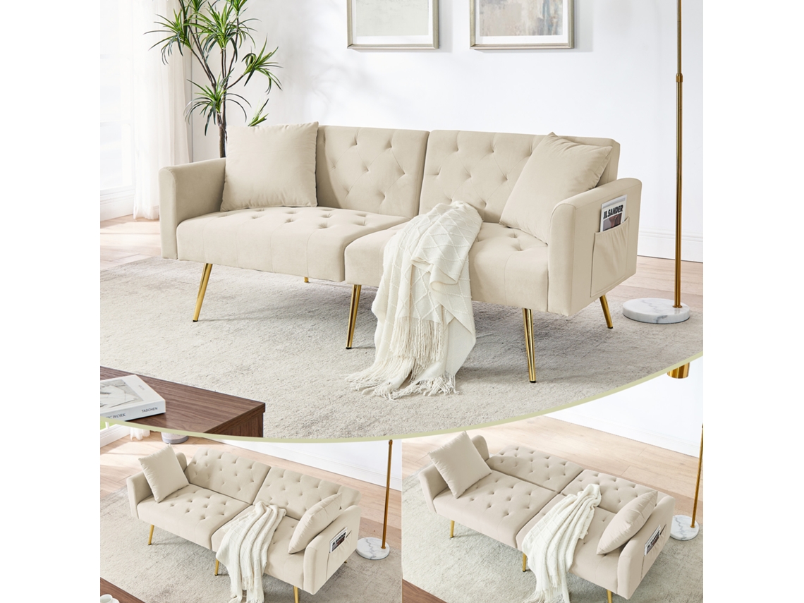 Sofá De Terciopelo De 2 Plazas Con 3 Posiciones De Cojín, Color Beige.