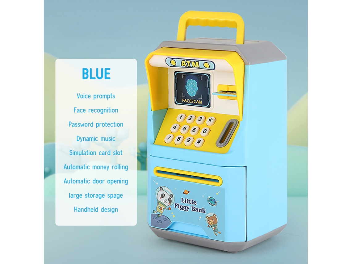 Caja fuerte infantil tipo cajero automático con asa, desbloqueo por contraseña y huella dactilar, música y divertida función de hucha. Aeuzwr