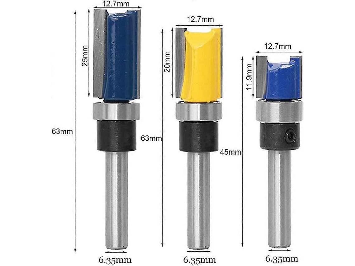 3 Piezas Cuchilla De Router Con Mango 1/4" (6.35mm) Para Madera Recta Ranura Recorte Plantilla Con Rodamiento Carburo De Alta Calidad