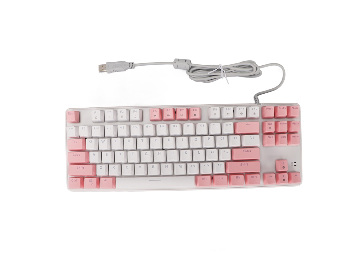 Teclado mecánico para juegos, 87 teclas, interruptores azules, retroiluminación RGB, USB, cable blanco/rosa, para PC/portátil.
