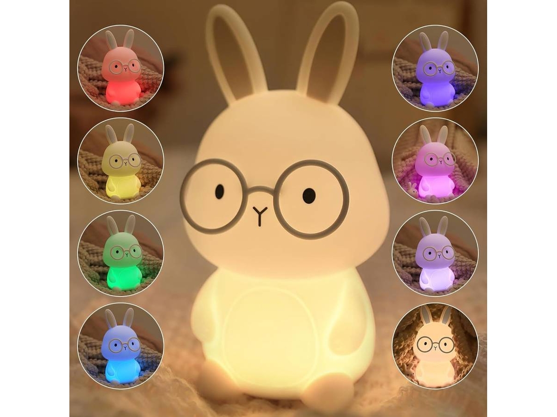 Luz nocturna de conejito para niños, lámpara de silicona suave para guardería, brillo de 7 colores, luz cálida regulable de 3 niveles (blanco)