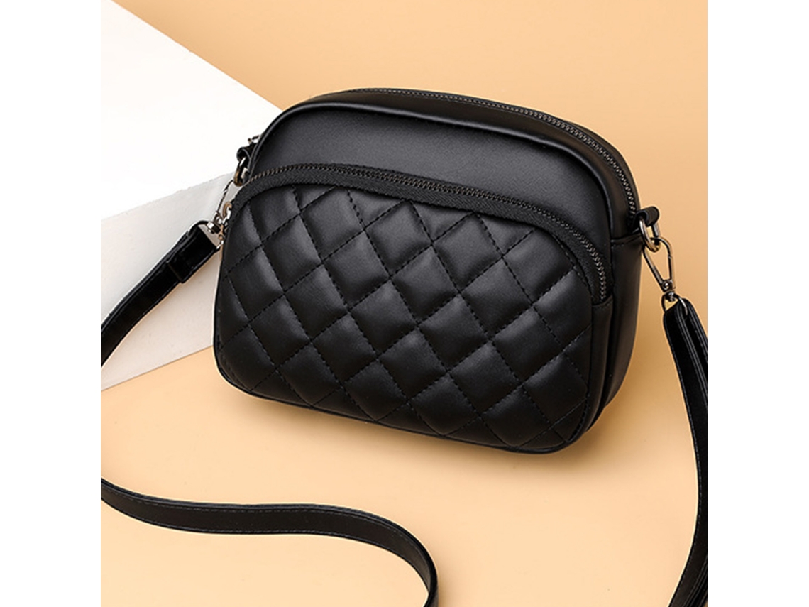 Bolso Bandolera Pequeño De Piel Sintética Con Estampado De Rejilla Para Mujer, Con Cremallera Ajustable, Color Negro A La Moda.