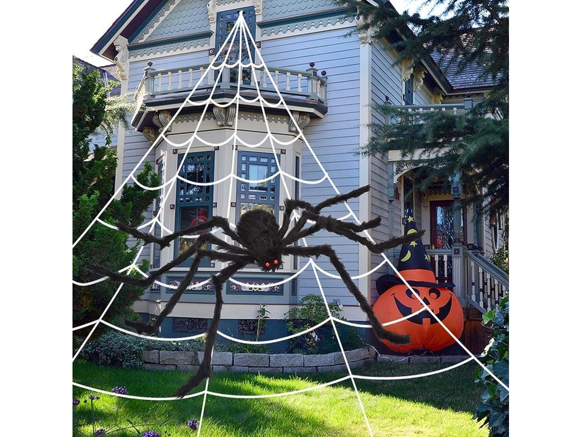 Decoración De Halloween: Telaraña De 200" + Araña Gigante De 59" Para Jardín Y Hogar.