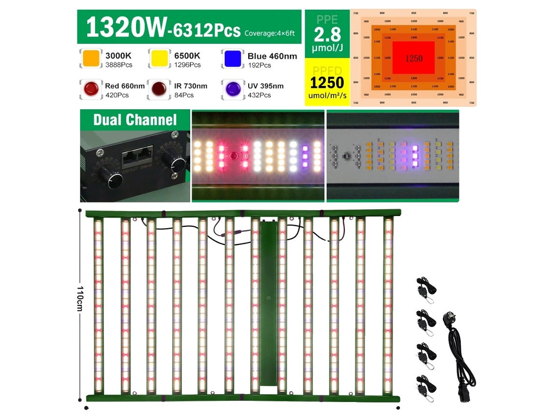 Lámpara LED de cultivo, espectro completo, regulable, 1320 W.
