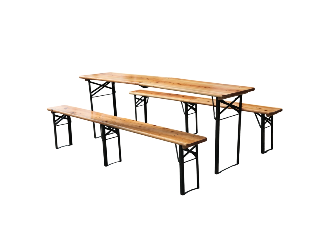 Conjunto de muebles de exterior para fiestas, 3 piezas, mesa plegable de 220 cm y 2 bancos, madera de pino resistente, compacta e impermeable, soporta hasta 200 kg.