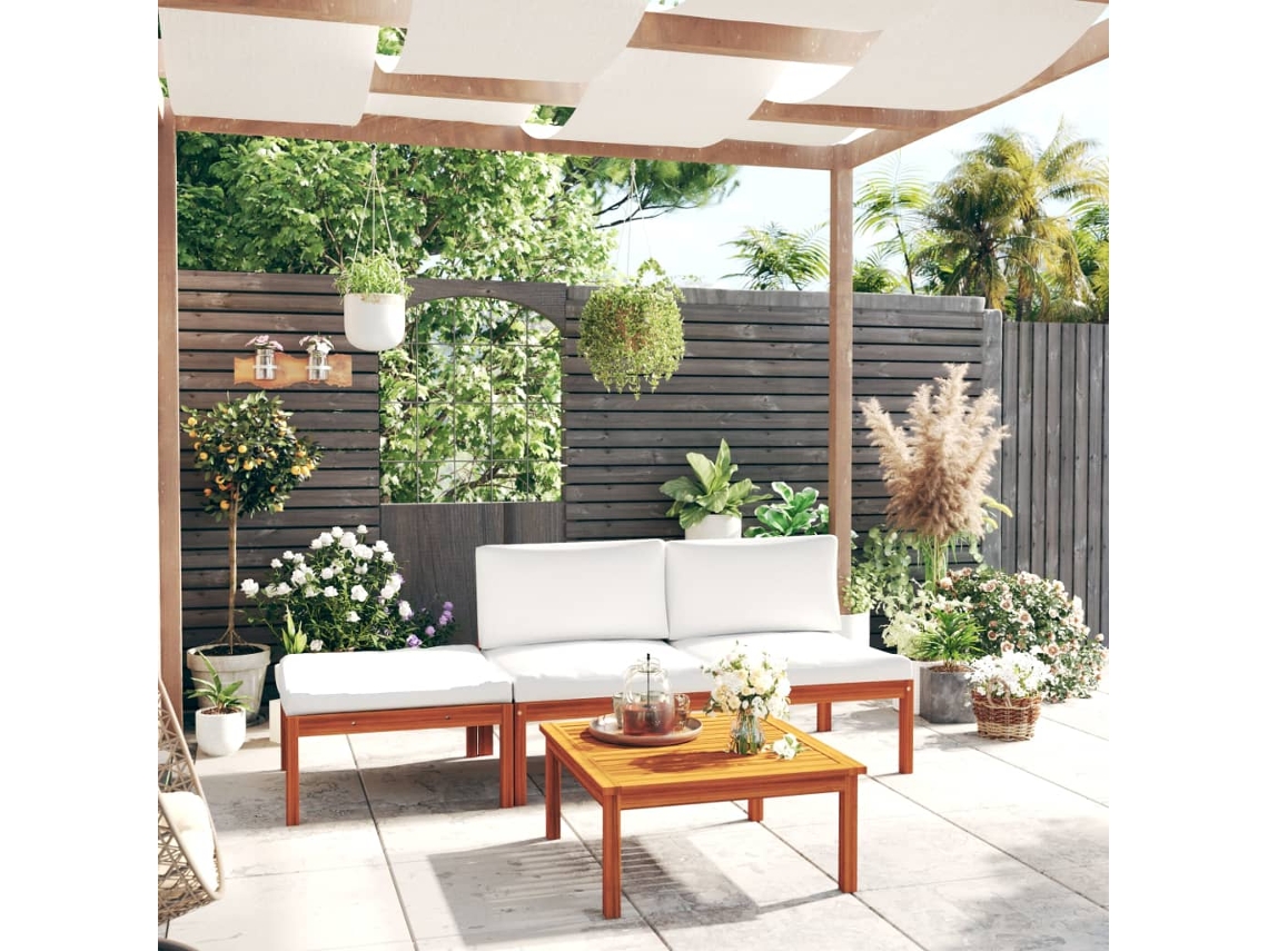 Conjunto de jardín de 4 piezas con cojines, acacia maciza y crema, DKD Home Decor