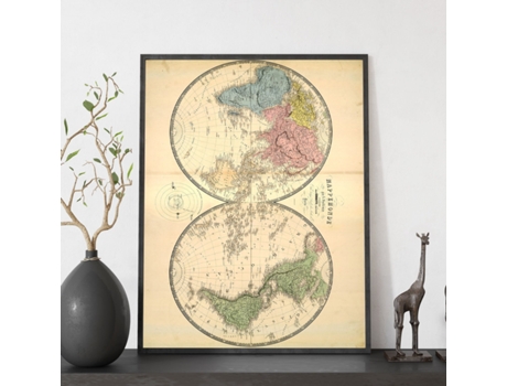 NACNIC Pósters Geográficos En Vintage Mapamundi En Hemisferios Ilustraciones De Antiguos Mapamundis En Tonos Sepia Tamaño A3 Con Marco Color Madera