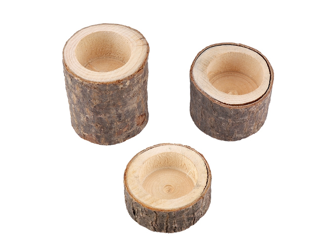 Juego de tres portavelas decorativos de madera con forma de pastilla