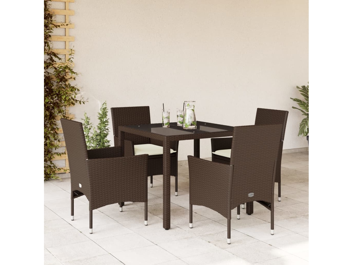 Juego de comedor de jardín de 5 piezas con cojines de mimbre marrón de polietileno y vidrio, Dkd Home Decor