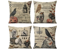 Juego De 4 Fundas De Almohada De Halloween Con Diseños De Avestruz, Búho, Calavera Y Calabaza, 45 X 45 Cm.