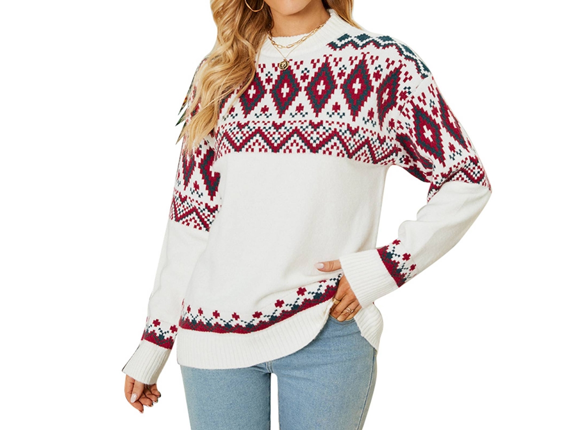 Jersey De Manga Larga Cuello Redondo Con Patrón De Dibujos Animados Navideños Suelto Suave Fibra Acrílica Para Otoño Invierno Beige S