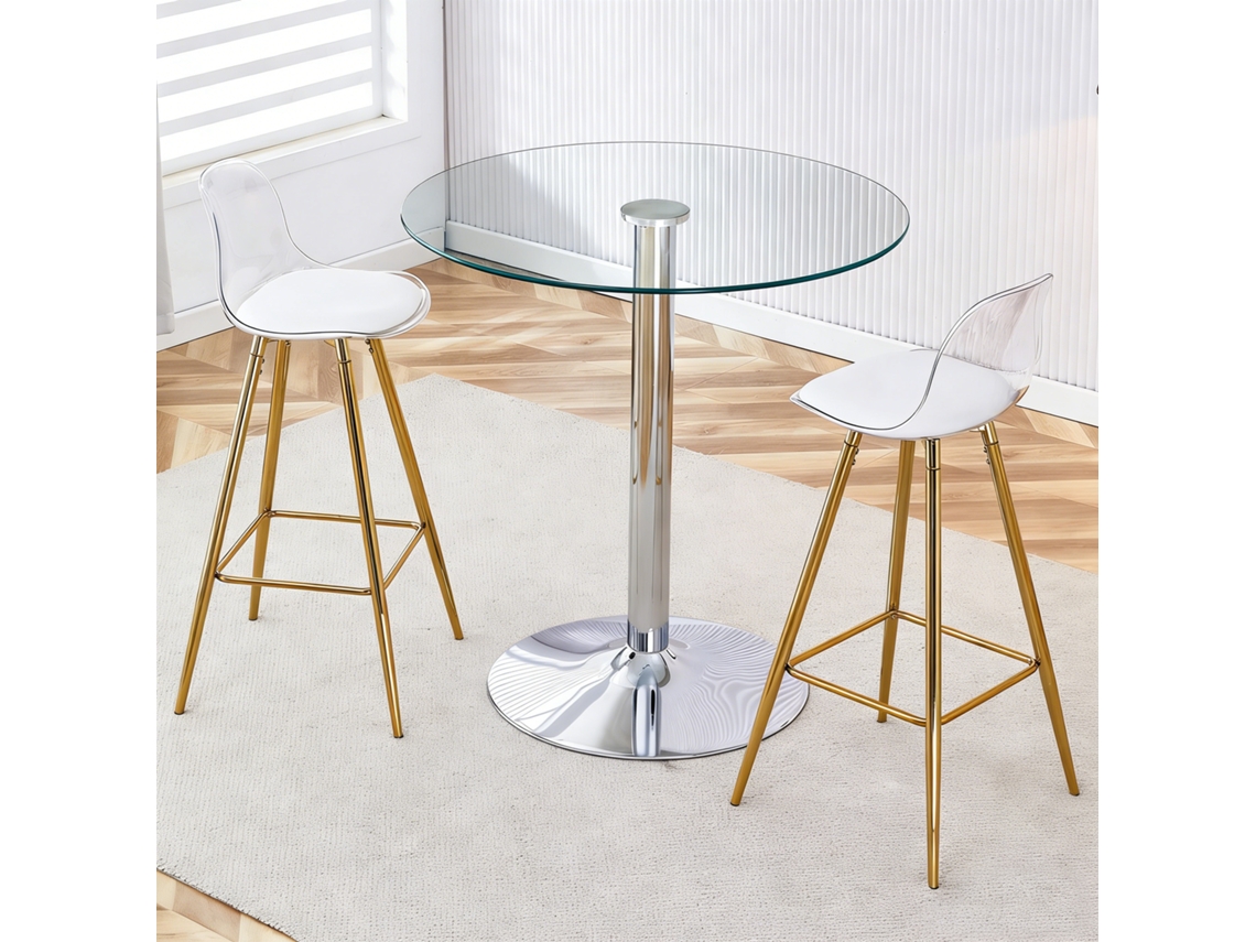 Mesa de bar redonda de cristal de 89 cm con 2 taburetes dorados.