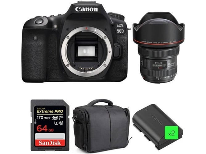 Kit Cámara Réflex CANON EOS 90D + EF 11-24mm f/4L USM + SanDisk 64GB + 2 LP-E6N + Bolsa