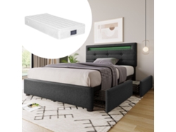 Cama De 90x200 Con Cajones, Iluminación Led, Colchón Y Cabecero Gris.
