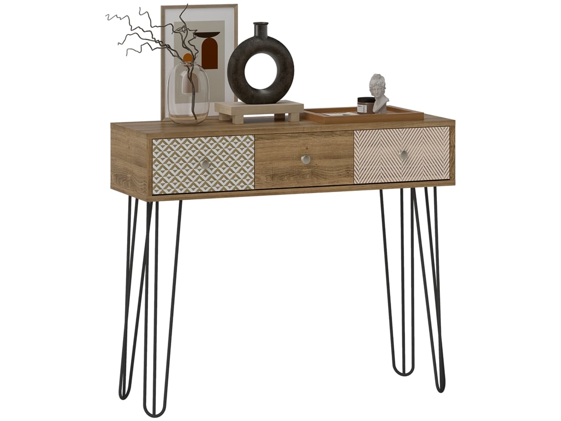 Consola con 3 cajones, consola estrecha para recibidor, con patas de acero, 90x30x75 cm, madera.