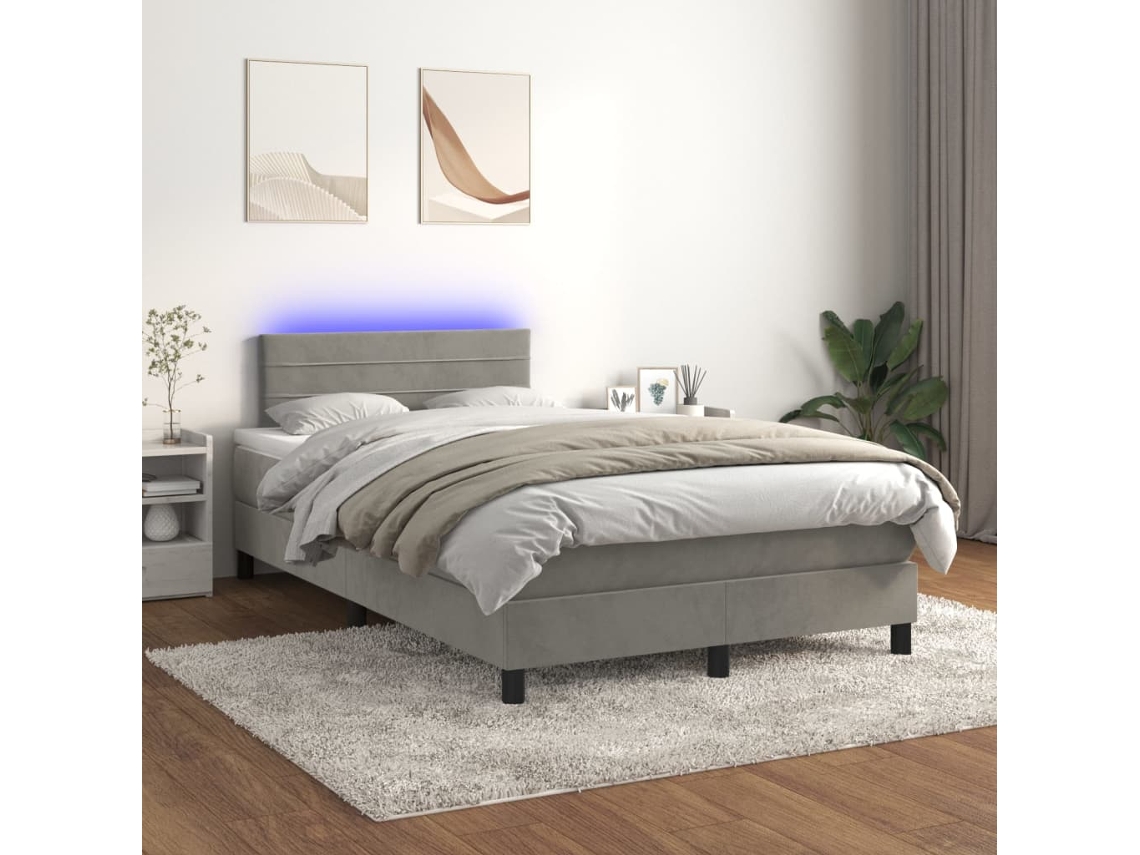Cama Box Spring Colchón Y Led Terciopelo Gris Claro 120x200 Cm