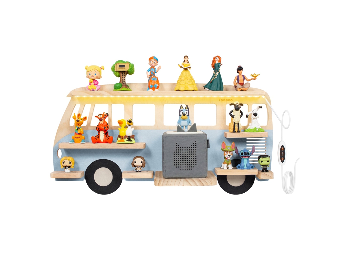 Todeco Estantería Toniebox De Pared Con Luz Led, Estantería Magnética De Madera Para 20–25 Figuras Tonie, Organizador Infantil, Autobús Azul