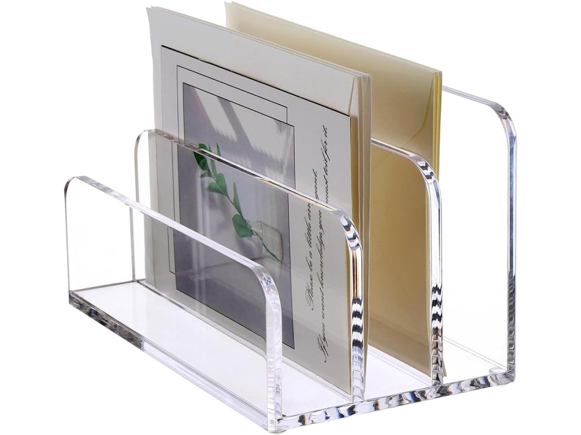 Organizador de escritorio vertical para cartas con 3 compartimentos, acrílico, con tarjetero. Gokoco