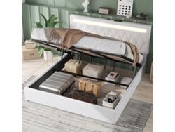 Cama Tapizada De 180x200 Cm Con Sistema De Elevación Hidráulica, Iluminación Led Multicolor, Puerto Usb Y Estructura Blanca Lisa.
