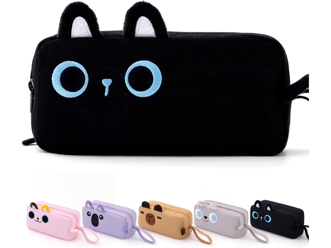 Estuche para lápices con diseño de dibujos animados, gran capacidad, bordado con estampado animal – 1 pieza, color negro Hexinyigjly