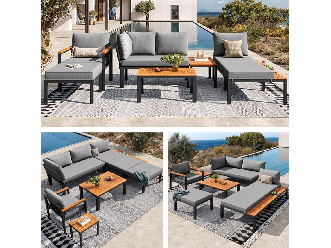 Conjunto De Muebles De Exterior Modular - Combinación Libre, Estructura Metálica Robusta, Cojines Transpirables Y Mesas De Madera - Gris