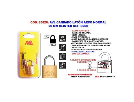 Avl candado laton a-normal 20 m.m. blister c20b