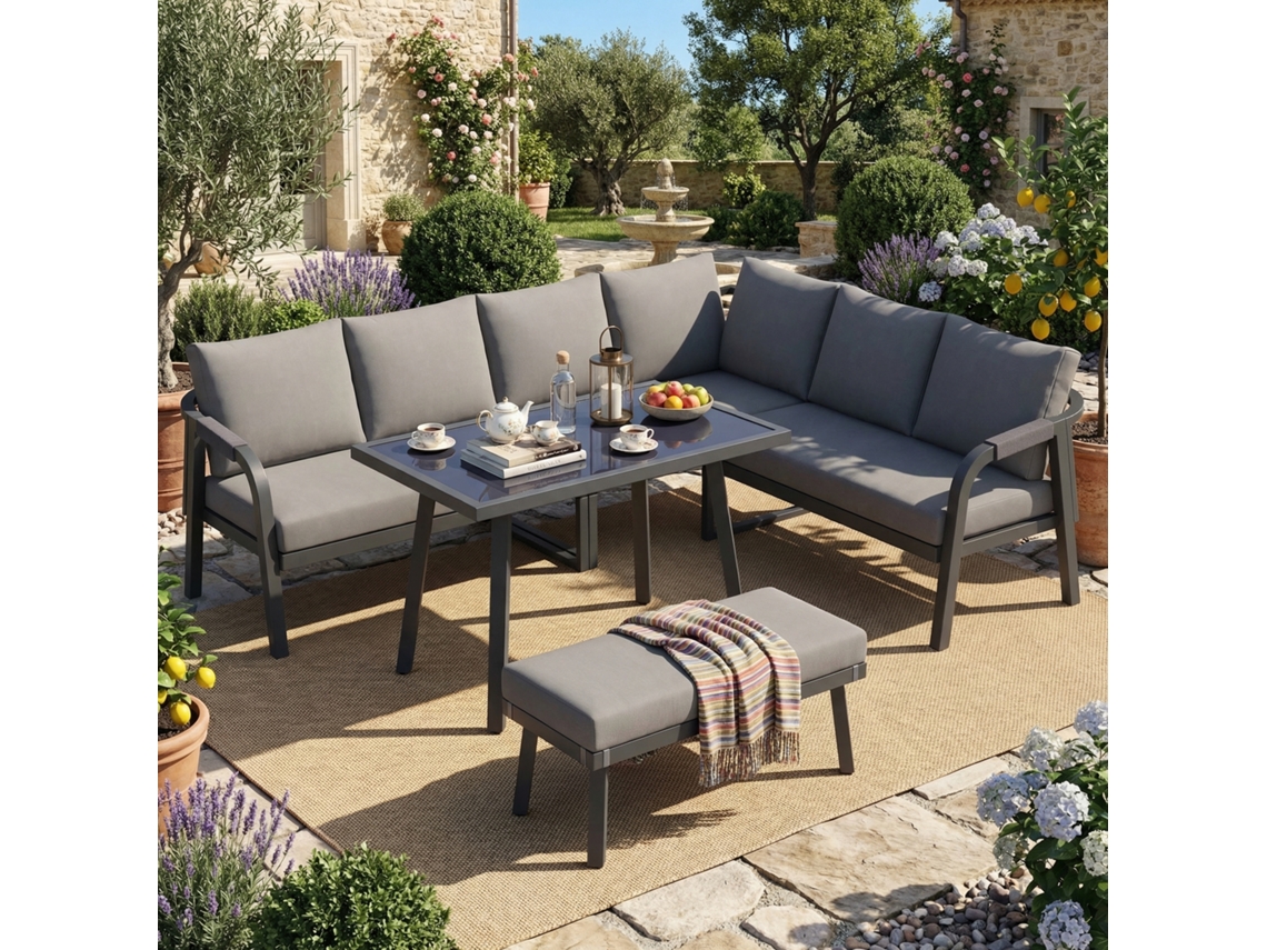 Conjunto De Comedor De Jardín Para 8 Personas Con Sofá Esquinero, Mesa Y Banco - Gris