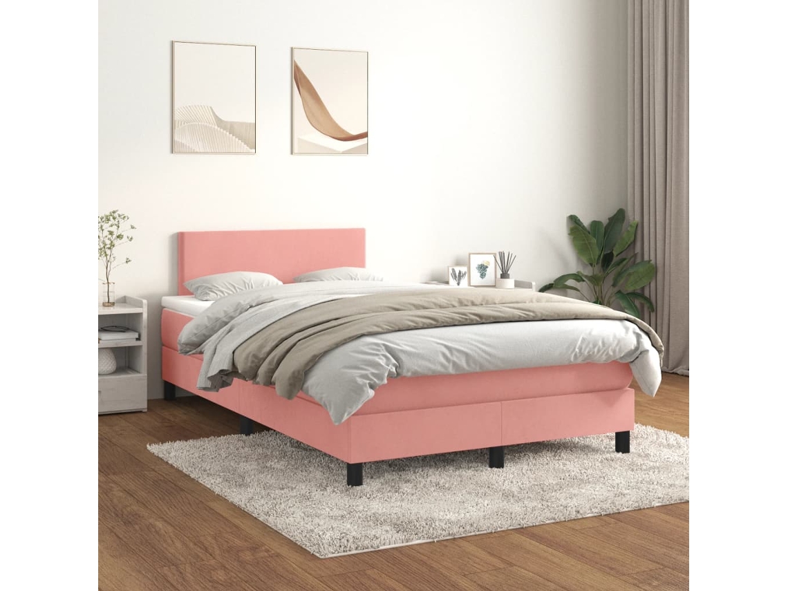 Cama Box Spring Con Colchón Terciopelo Rosa 120x200 Cm