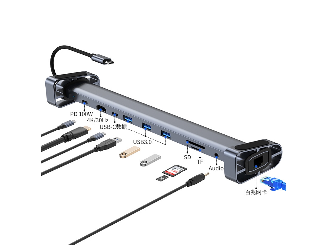 Estación de acoplamiento Bestvite 10 en 1 USB Aux HD VGA USB C 3.0 compatible con HD para Macbook Huawei Gris