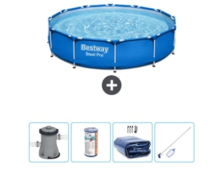 Piscina BESTWAY Round Steel Pro - 305 x 76 cm - Azul - Bomba incluida Filtrar - Vela solar - kit de limpieza