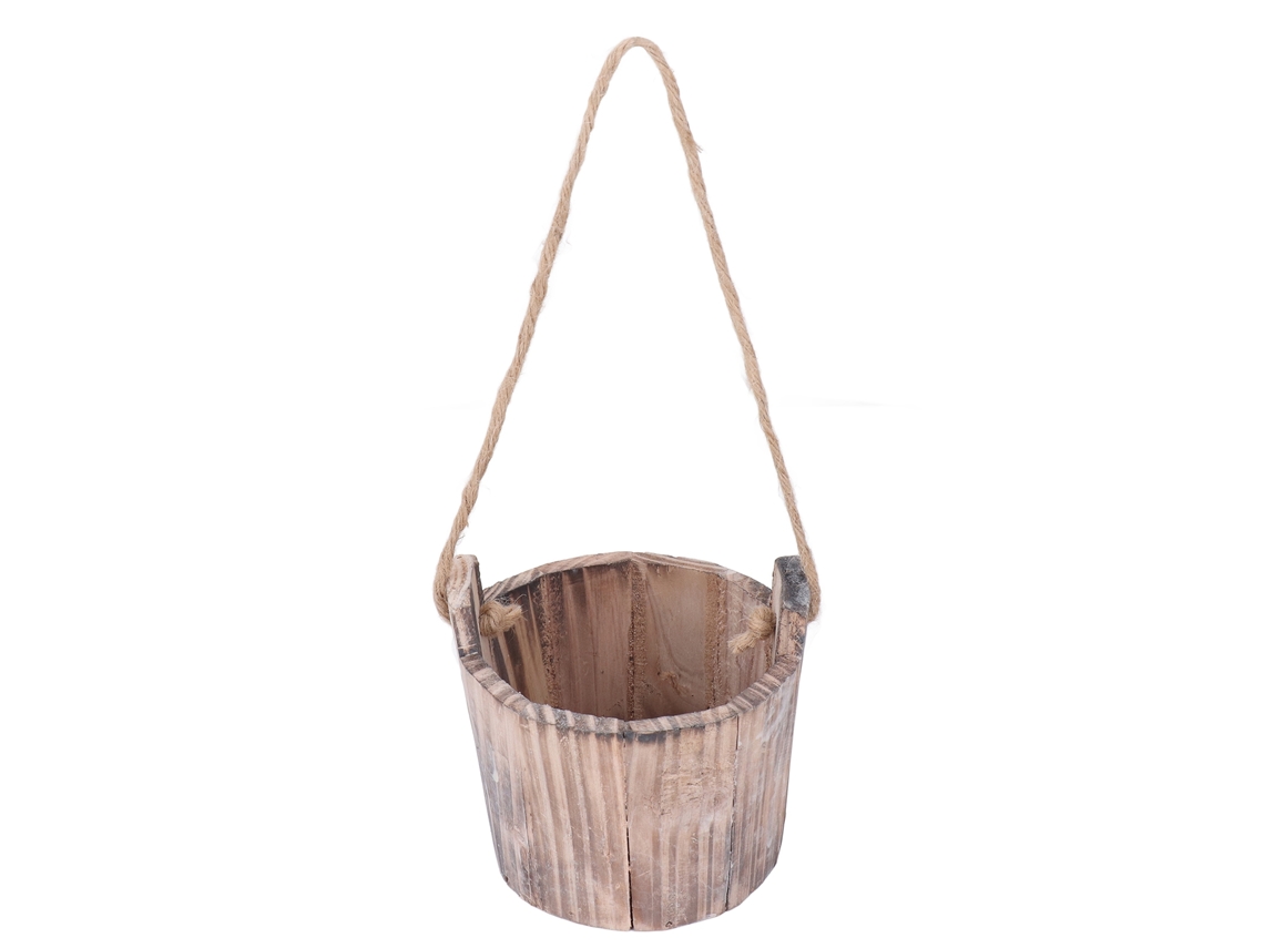 Macetero rústico redondo de madera con forma de barril para colgar en la pared o colgar.