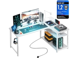 Comhoma Mesa Gaming Con Enchufe, 130x80 Cm, Mesa De Esquina En L Con Usb Y Estante, Ordenador Para Oficina Y Home Office, Blanco