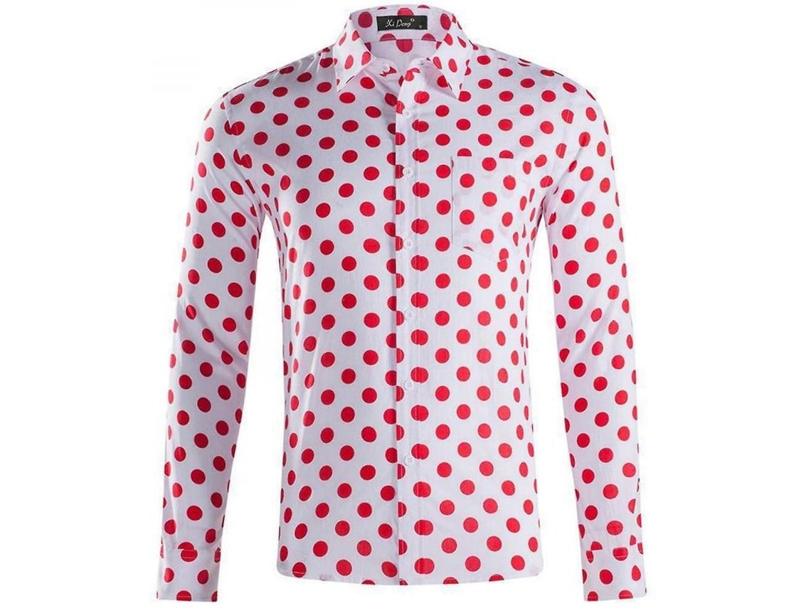 2026-10882-camisa Hombre Manga Larga Con Puntos Botones Formal Casual Algodón Ligero L Punto Rojo