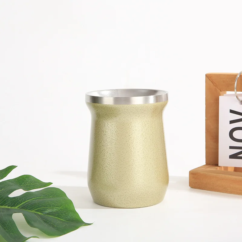 Xícara Para Chá Mate (240ml, Marrom), Com Design De Parede Dupla A Vácuo, Acompanha Canudo, Feita De Aço Inoxidável 304.