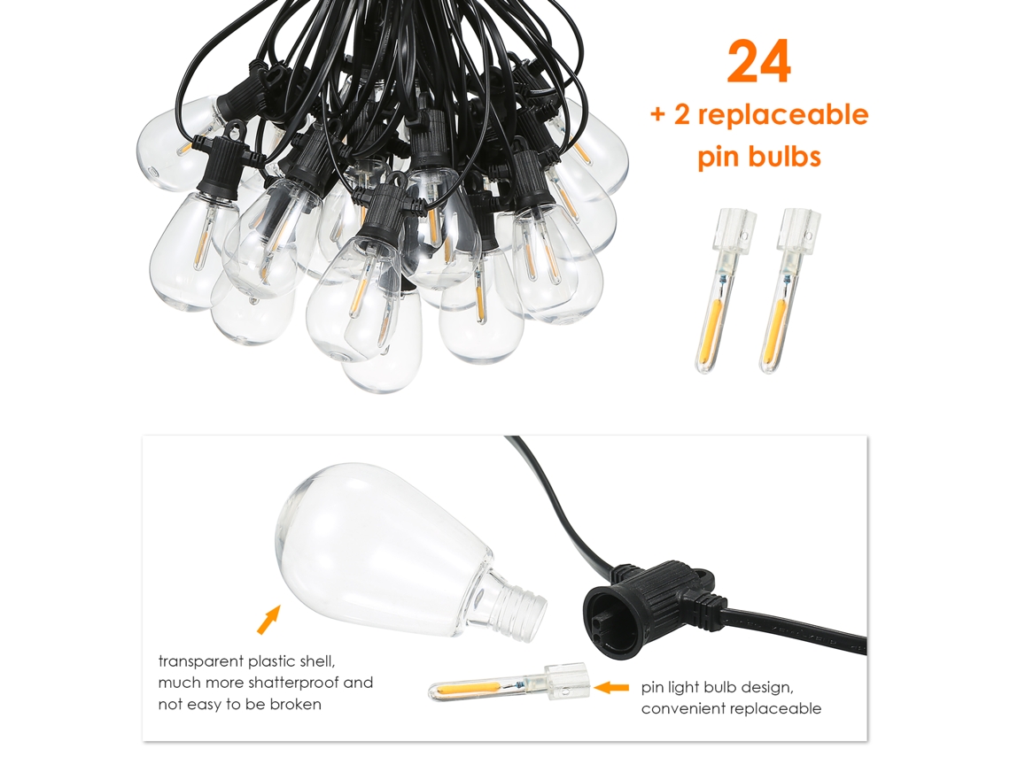 Guirnalda de luces LED Tomshine 2026, 15,2 m/50 pies, 24 bombillas S14, resistente a golpes, impermeable IP65, para decoración de fiestas en el jardín, interiores y exteriores.