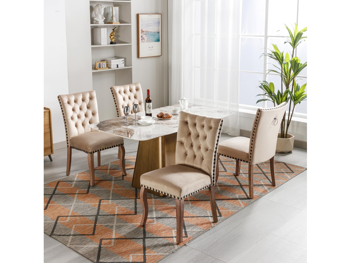 Juego de 4 sillas tapizadas en terciopelo, estructura de madera maciza, estilo beige
