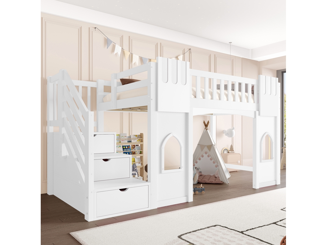 Cama Alta De 90x200 Cm Con Escalera De Almacenamiento Y Ventana, Cama Infantil Blanca