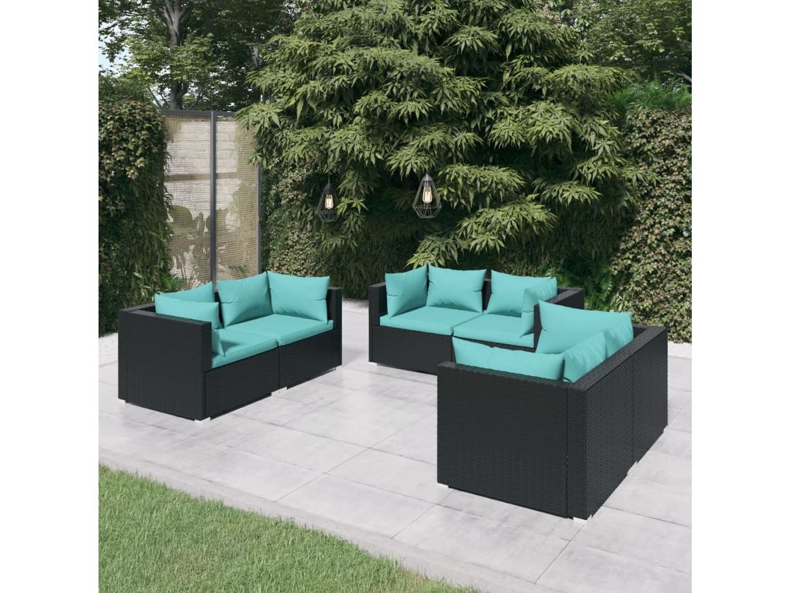 Conjunto de jardín de 6 piezas con cojines, mimbre sintético negro, DKD Home Decor