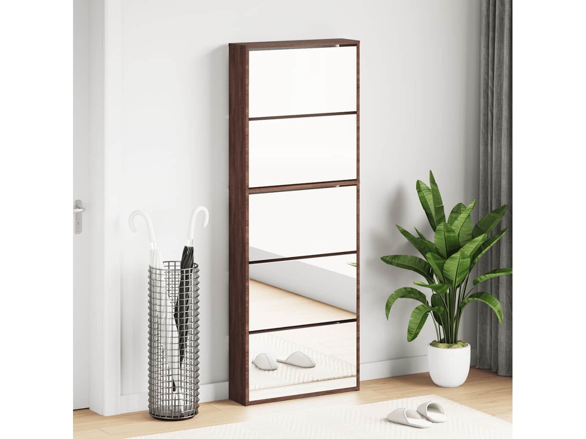 Mueble Zapatero | Armario Zapatero Y Espejo 5 Niveles Roble Marrón 63x17x169,5 Cm
