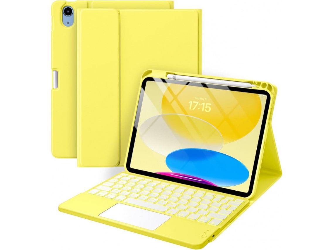 iPad amarillo de décima generación con funda de cuero y teclado táctil retroiluminado de Yunzii
