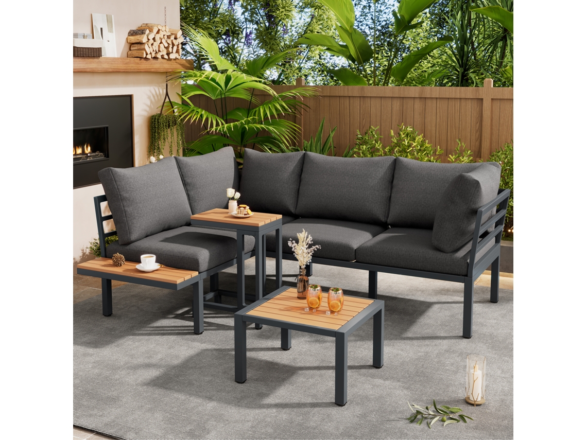Conjunto De Muebles De Jardín: Sofá Y Mesa Auxiliar, Acero Y Madera Sintética.
