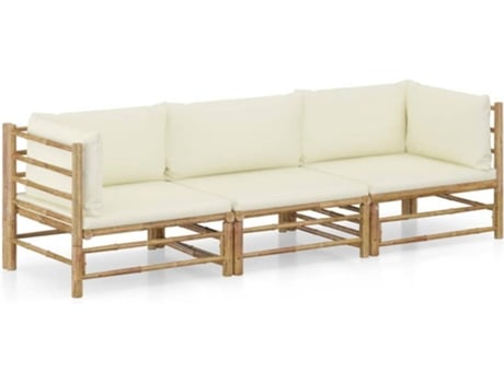 Conjunto 3 de muebles de jardín VIDAXL bambú y cojines blanco crema
