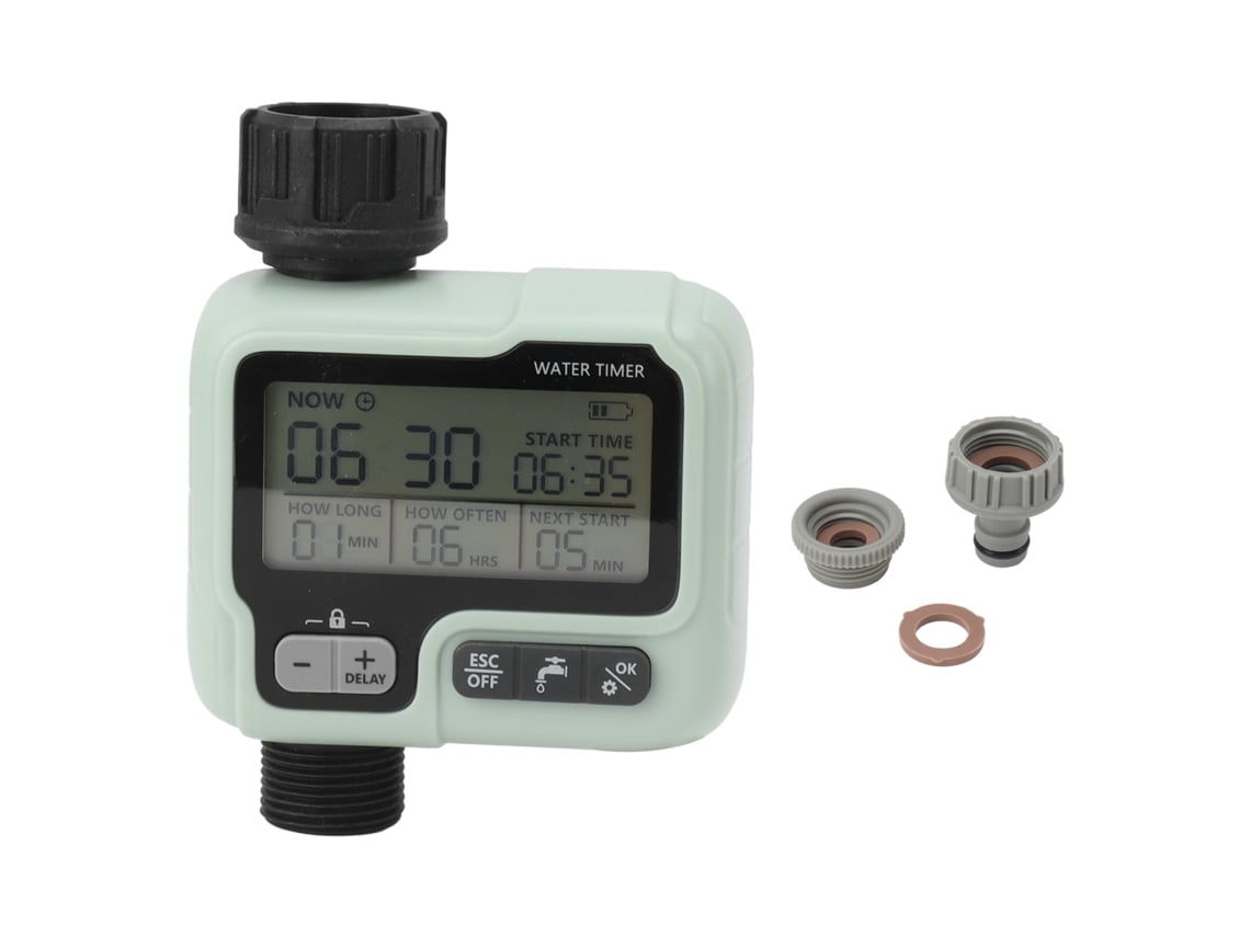 Temporizador de riego automático con retardo, programable y manual, para jardín, patio y césped al aire libre.